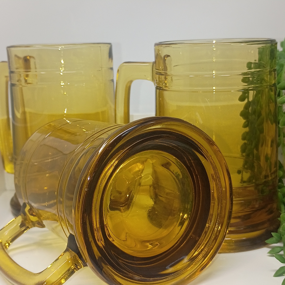 Vintage Amber Glass Mug Set Of 3